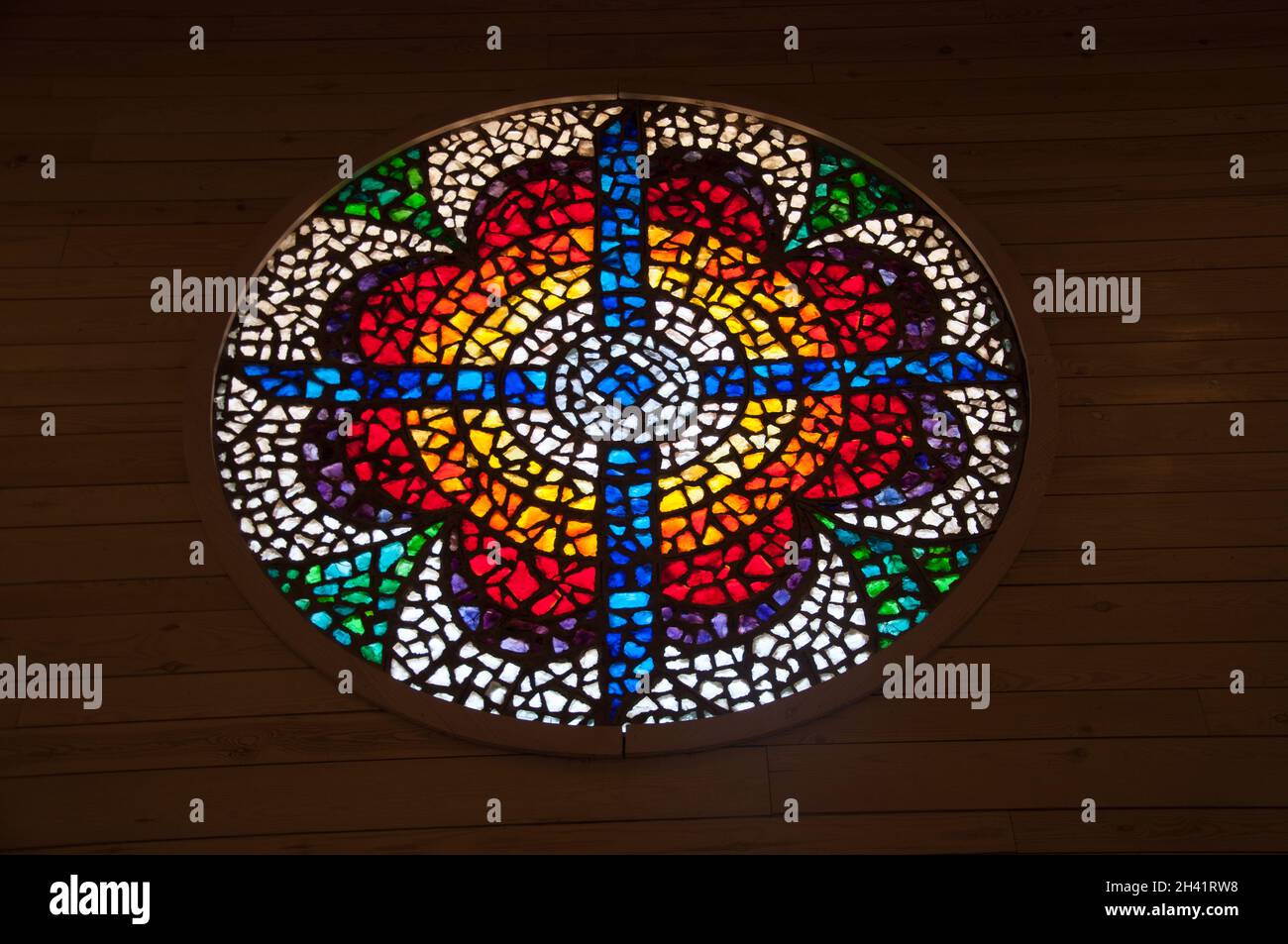 Vetrate colorate, Moses Memorial Church, Mount Nebo, Giordania, Medio Oriente Foto Stock