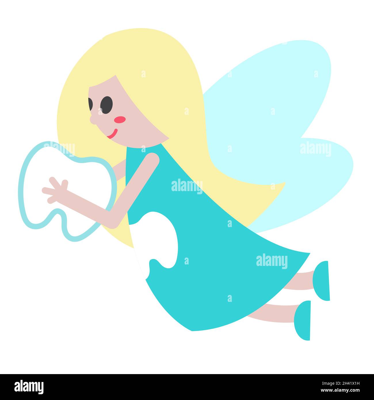 Divertente fumetto Tooth Fairy. Ragazza carina con capelli e ali giusti. Fata in abito blu con stampa dentale. Illustrazione per bambini e bambini. Stampa per Illustrazione Vettoriale