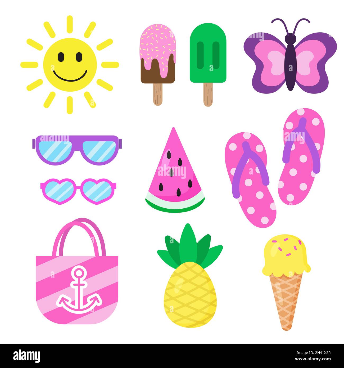 Set di elementi estivi e vacanze. Sole sorridente, gelati, occhiali da sole, farfalla, cocomero, infradito, borsa da spiaggia e ananas. Illustrazione di Illustrazione Vettoriale