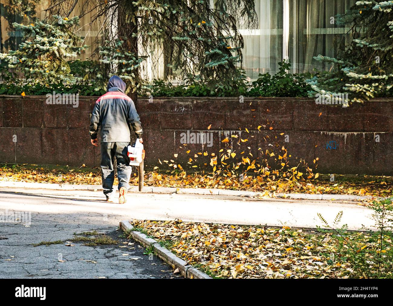 Pulizia foglie secche con un mulino a vento. Un lavoratore municipale pulisce il parco cittadino. Preparazione dei parchi cittadini per l'inverno. Foto Stock