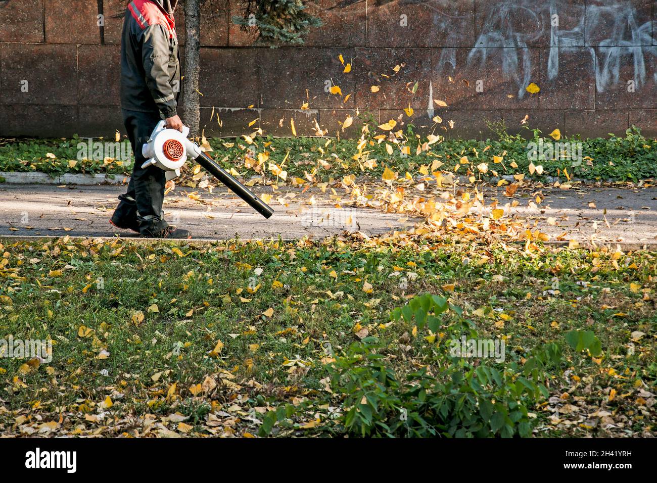 Pulizia foglie secche con un mulino a vento. Un lavoratore municipale pulisce il parco cittadino. Preparazione dei parchi cittadini per l'inverno. Foto Stock