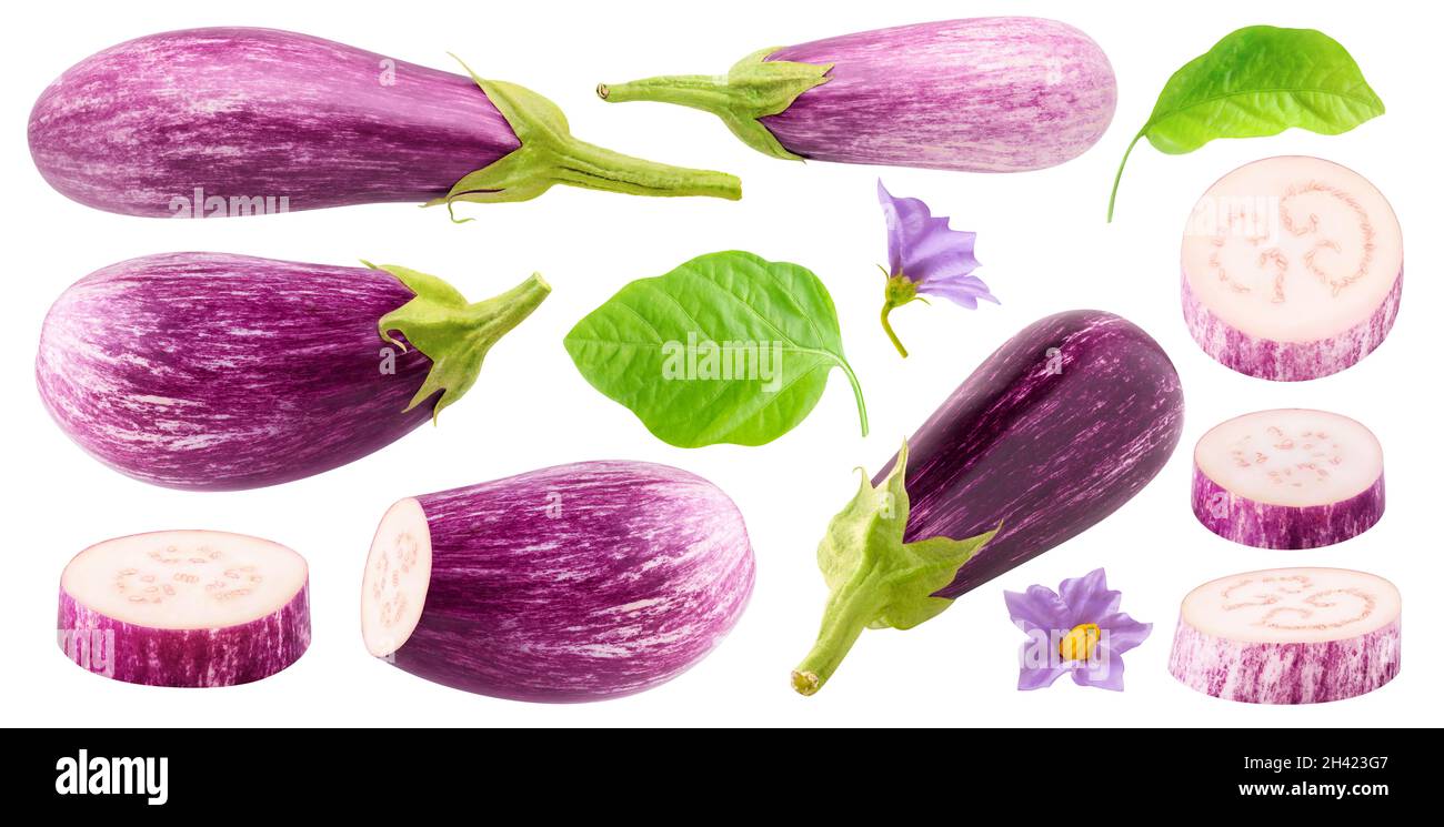 Raccolta di melanzane isolate. Pezzi di melanzana viola cruda e frutti interi, foglie e fiori isolati su sfondo bianco Foto Stock