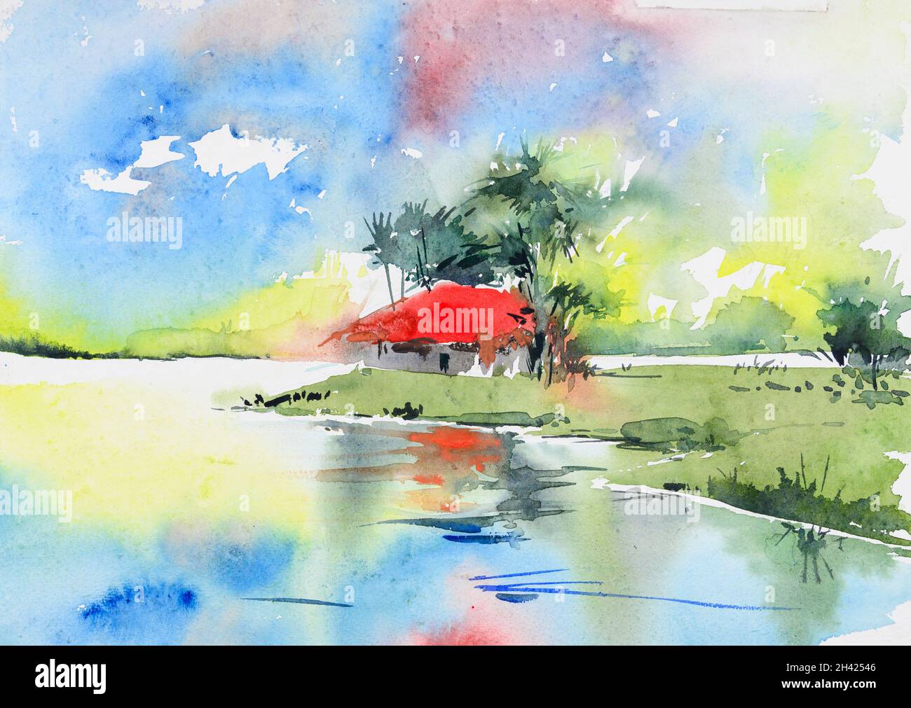 Luminoso villaggio indiano pittura acquerello, illustrazione dipinta a mano. Casa del villaggio, palme e riflessione in un laghetto. Paesaggio rurale. Foto Stock