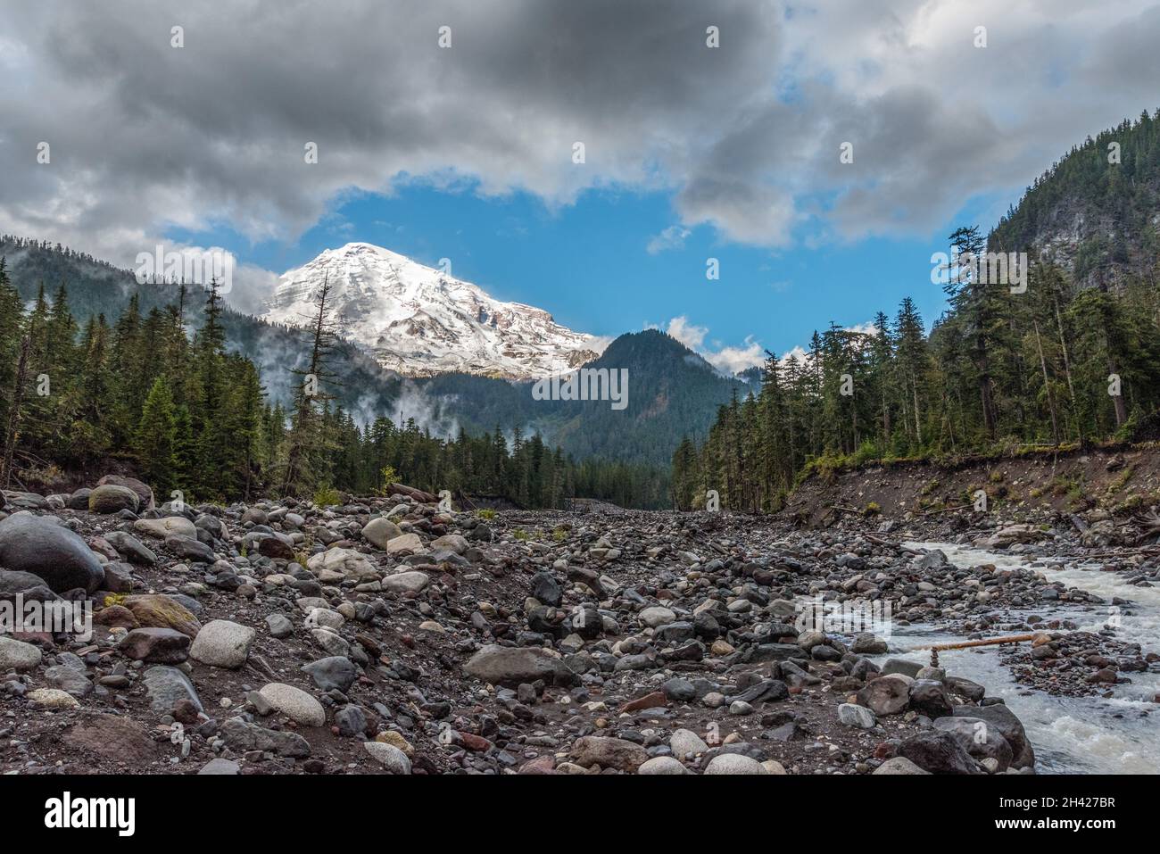 Splendida vista sul monte Rainier dal fiume Nisqually, Stati Uniti Foto Stock