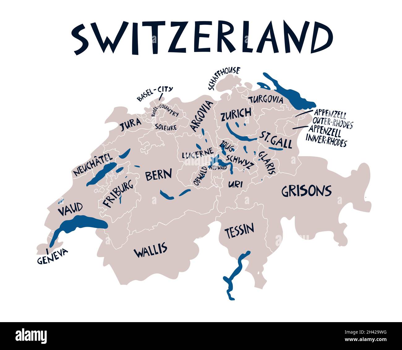 Mappa stilizzata a mano della Svizzera. Illustrazione delle regioni della Confederazione svizzera. Illustrazione scritta disegnata a mano. Cartina dell'Europa e Illustrazione Vettoriale