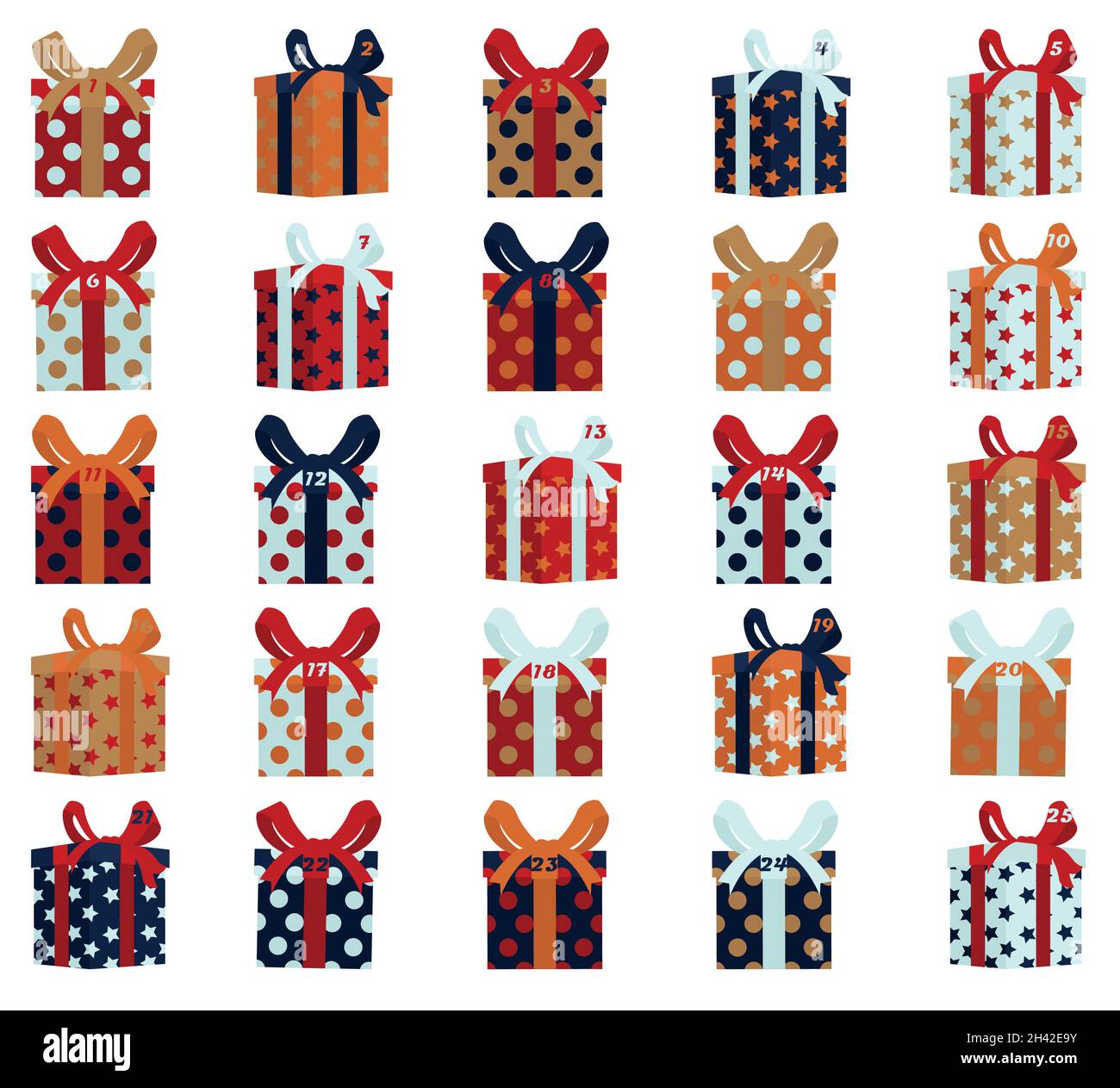 Illustrazione vettoriale del calendario dell'avvento di Natale. Scatole regalo di Natale Illustrazione Vettoriale