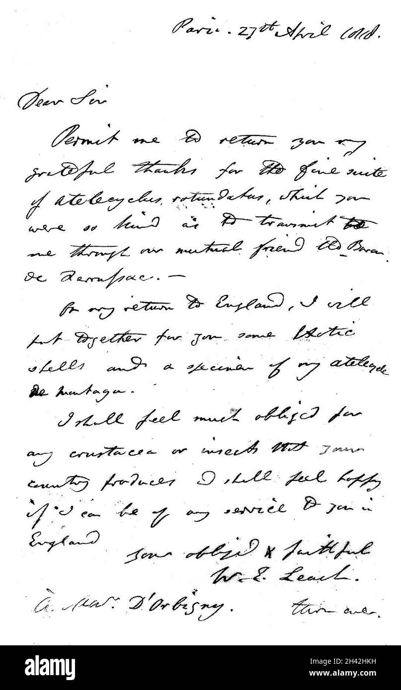 Lettera autografa da W. E. Leach a M. D'Arbigny, datata Parigi 27 aprile 1818. Foto Stock