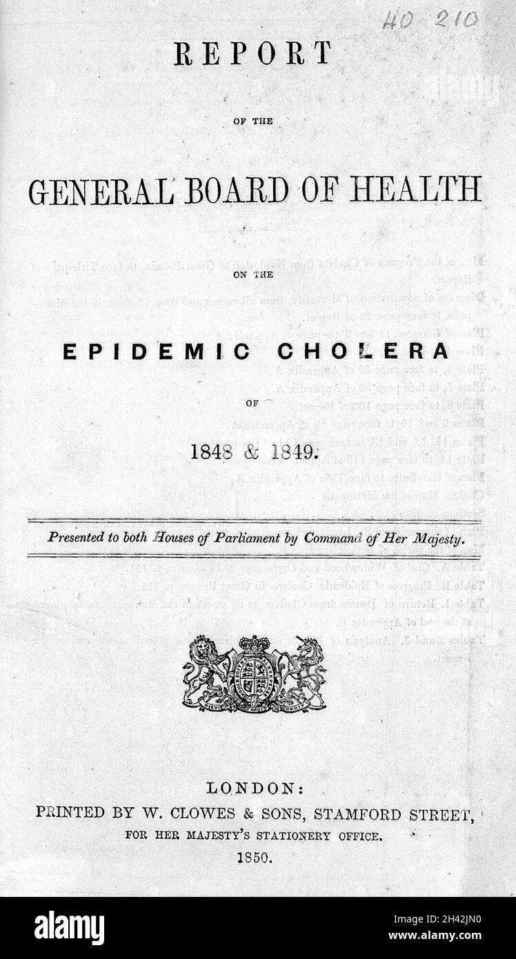 Title page rapporto sull'epidemia di colera, 1848-1849 Foto Stock
