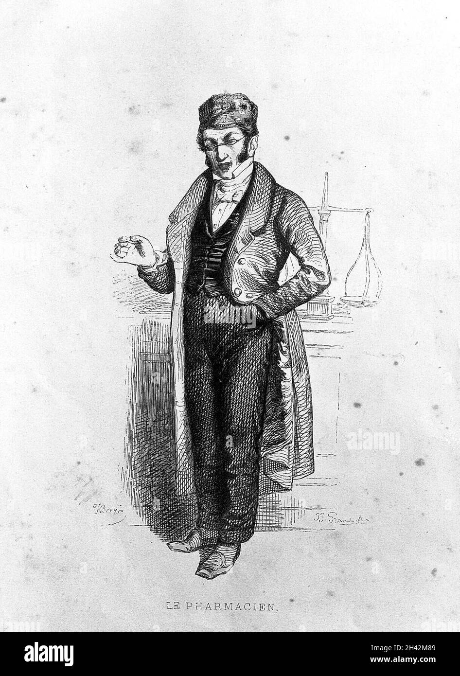 Un piccolo farmacista nel suo negozio; satirizing le classi medie. Incisione in legno colorato di J.I. Grandville dopo J. BARA, c.. 1840. Foto Stock