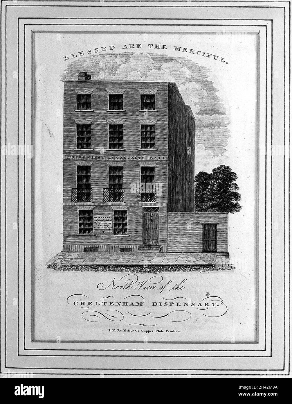 La strada all'esterno della William's Library, Cheltenham. Incisione della linea. Foto Stock