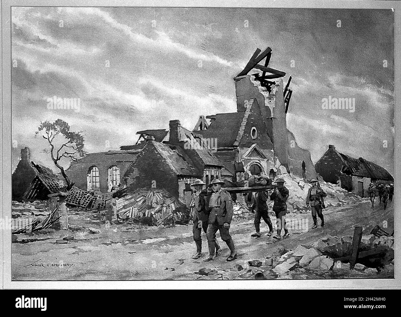 Prima Guerra Mondiale: Portare i feriti a Buire sans Corbie. Acquerello di Walter Spradbery. Foto Stock