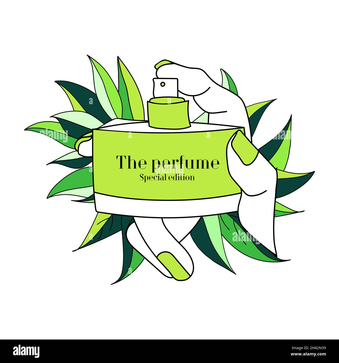 Profumo verde in elegante mano femminile con manicure verde su sfondo di foglie. Illustrazione vettoriale. Illustrazione Vettoriale