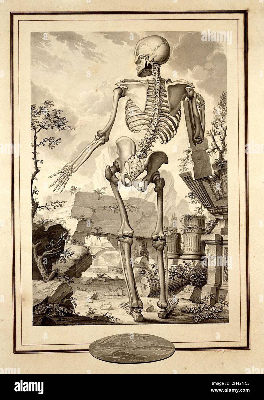 Una figura anatomica (scheletro) in un paesaggio classico. Disegno di A. Joron. Foto Stock