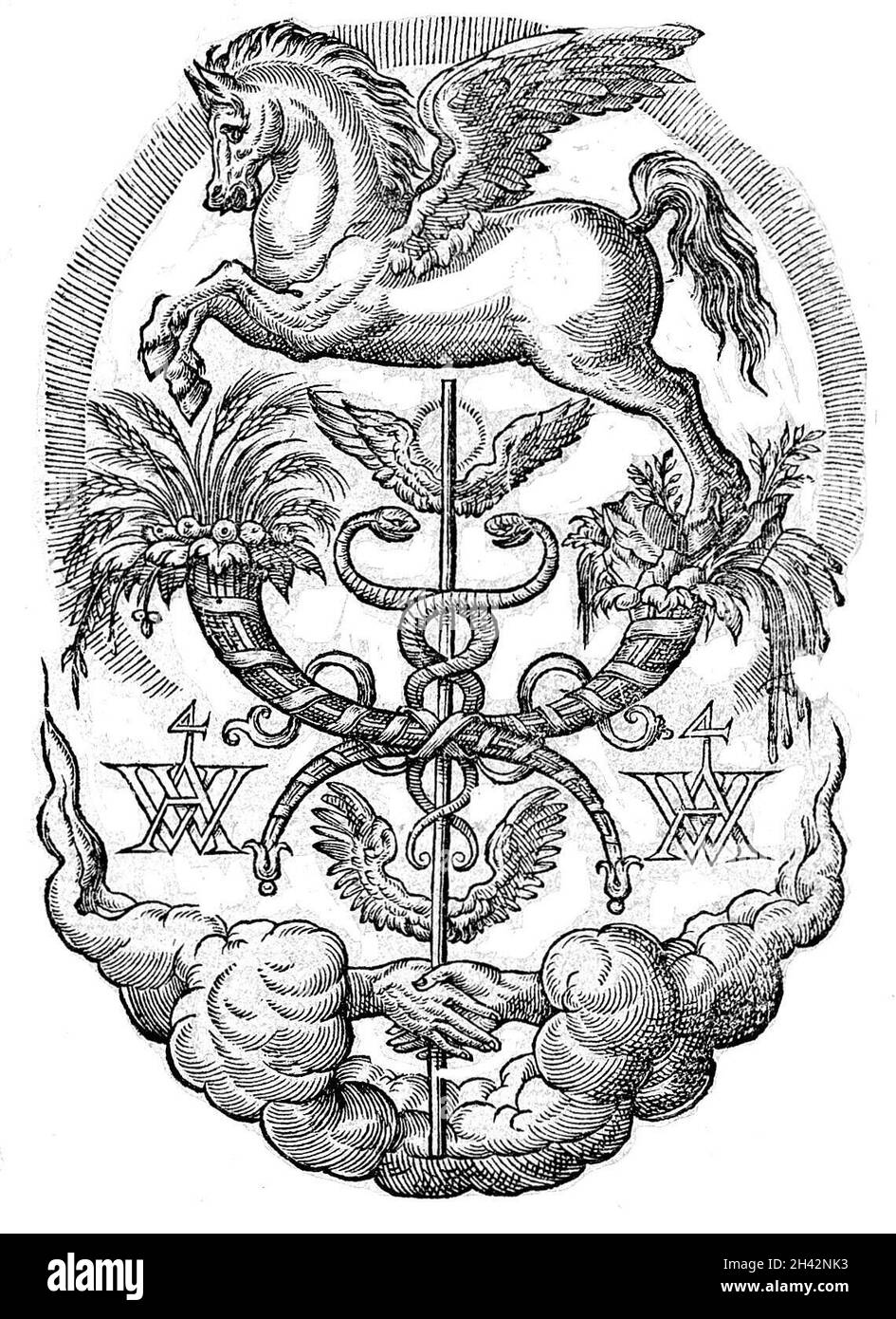 Caduceus sormontato da Pegasus e cornucopiae Foto Stock