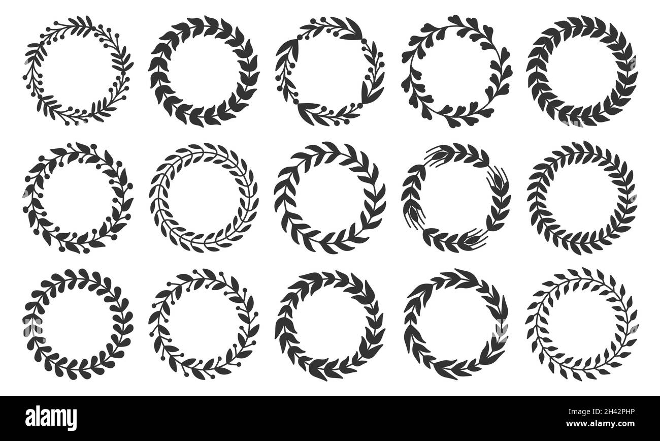 Set di silhouette nera con telaio a foglia naturale. Successo del premio Plant pattern. Tatuaggio araldico vintage badge frame. Logo della carta di invito primavera estate. Forma circolare ottenuta isolato su bianco Illustrazione Vettoriale