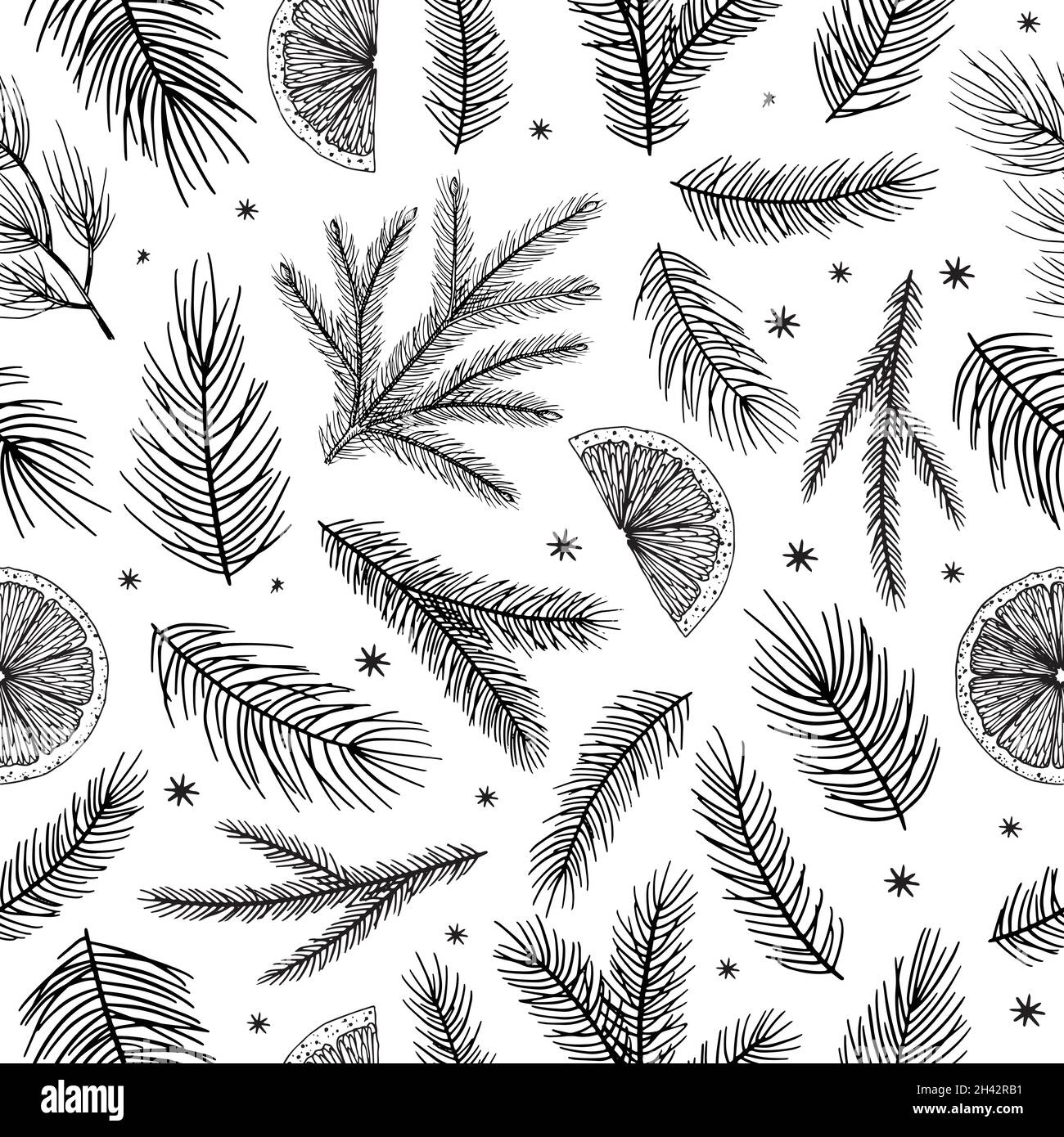 Xmas Seamless pattern con decorazioni natalizie, rami di pino disegnati a mano art design illustrazione vettoriale. Illustrazione Vettoriale