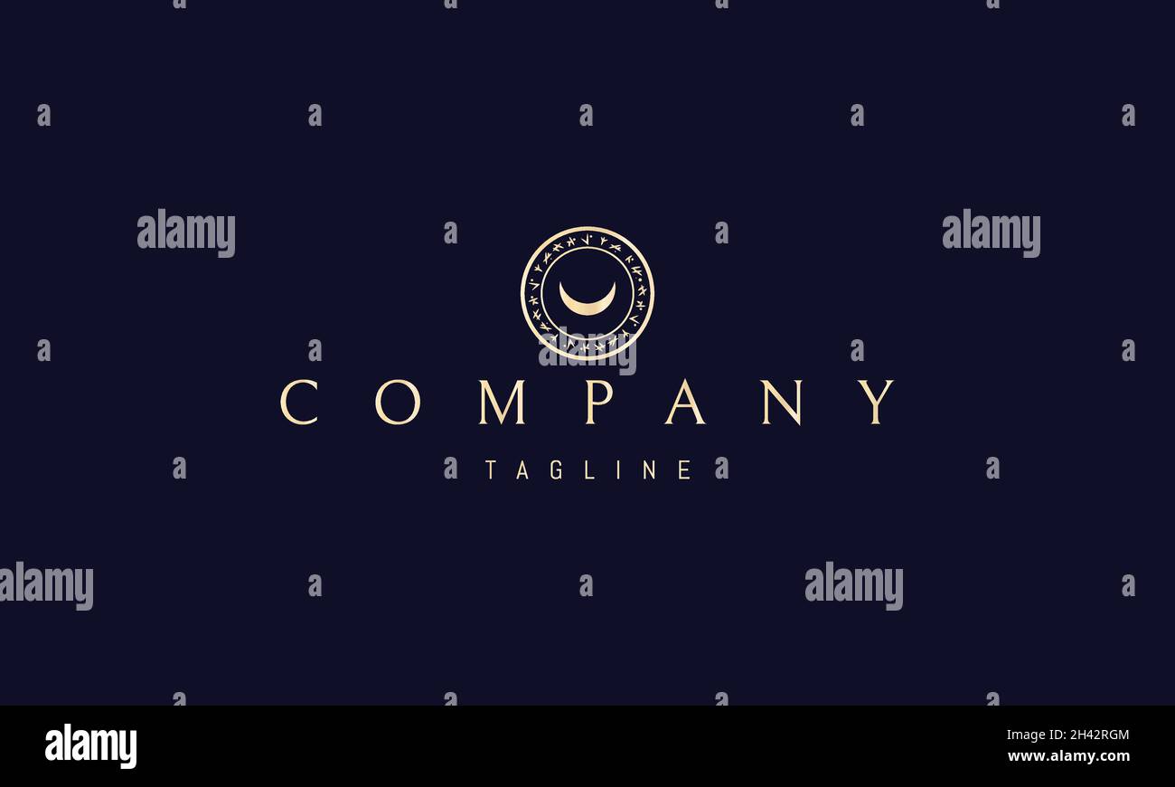 Logo Vector Golden su cui un'immagine astratta di un sigillo alchimico con rune e la luna al centro. Illustrazione Vettoriale