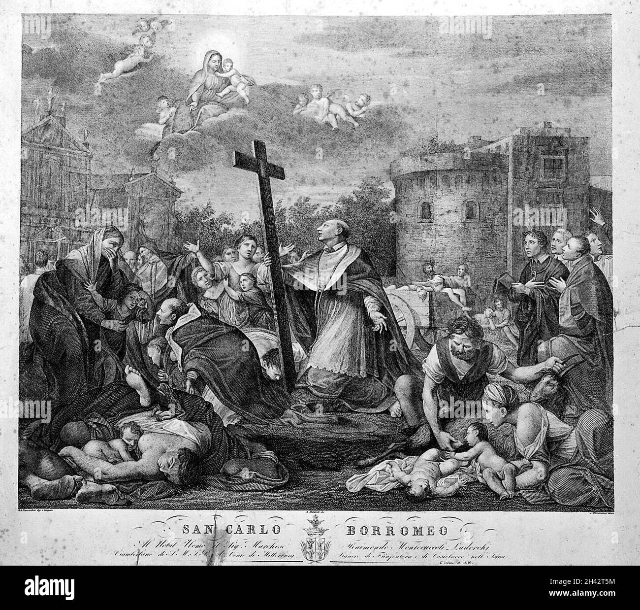 San Carlo Borromeo in preghiera alla Vergine per le vittime della peste a Milano, 1576. Incisione di A. Boccabadati dopo A. Malatesta dopo M.A. Franceschini. Foto Stock