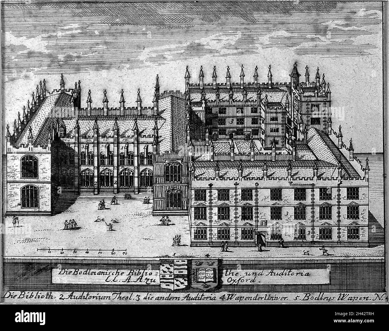 Bodleian Library, Oxford; incisione di linea. Foto Stock