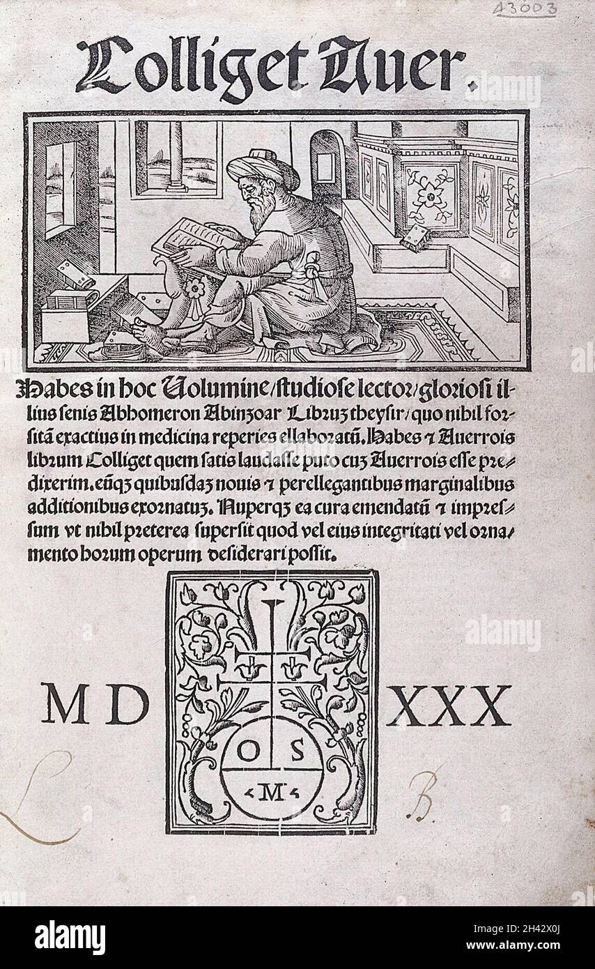 Avenzohar, 'Colliget Averroys ...', 1530 Foto Stock