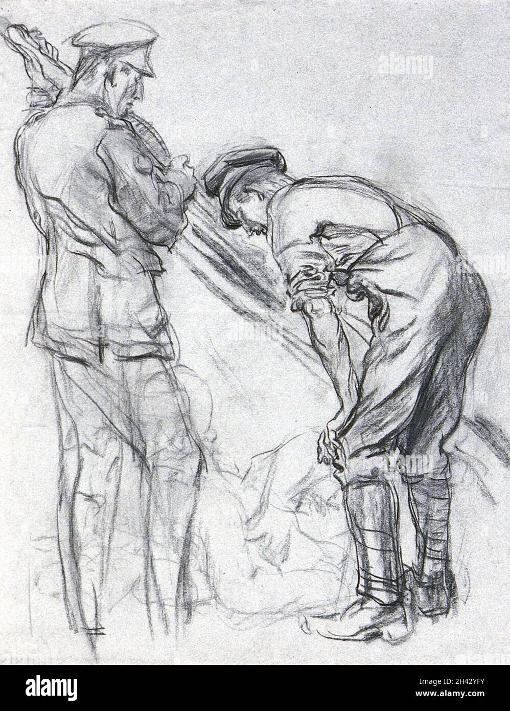 Prima Guerra Mondiale: Barella portacolori. Disegno di carbone. Foto Stock