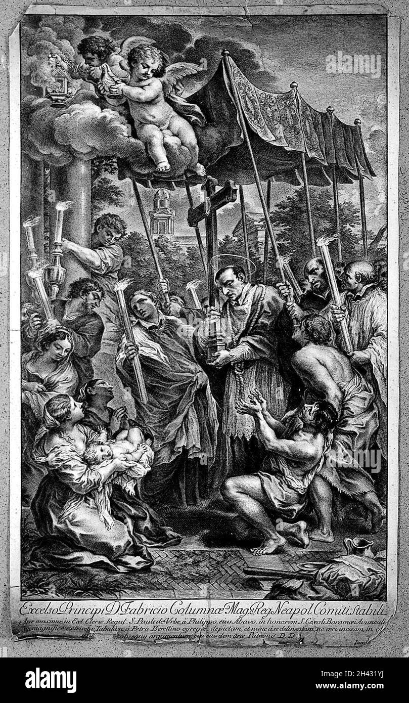 San Carlo Borromeo, con una corda intorno al collo, porta una croce attraverso le strade di Milano afflitte dalla peste nel 1576. Incisione di J. Frey, 1749, dopo Pietro da Cortona. Foto Stock