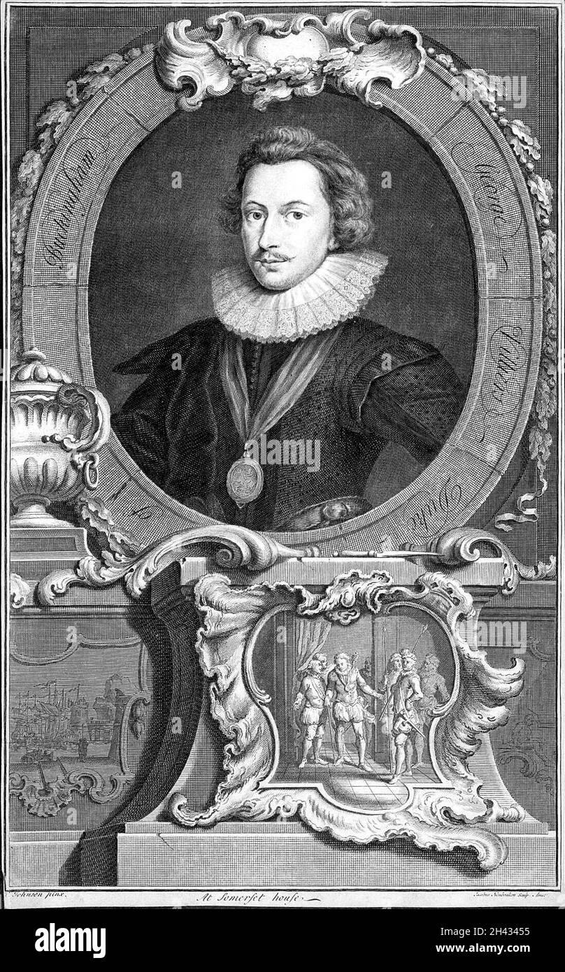 George Villiers, Duca 1 di Buckingham (1592-1628). Incisione di Jacobus Houbraken dopo Cornelis Johnson. Foto Stock