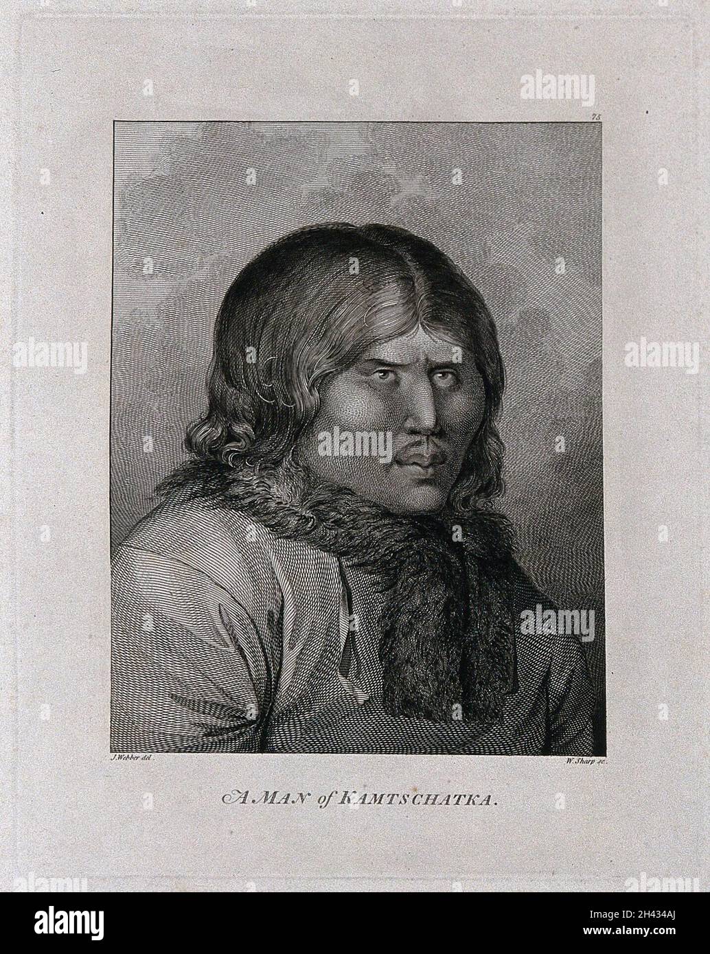 Un uomo di Kattschatka (Russia); incontrato dal capitano Cook nel suo terzo viaggio (1777-1780) incisione di W. Sharp dopo J. Webber, 1780/1785. Foto Stock
