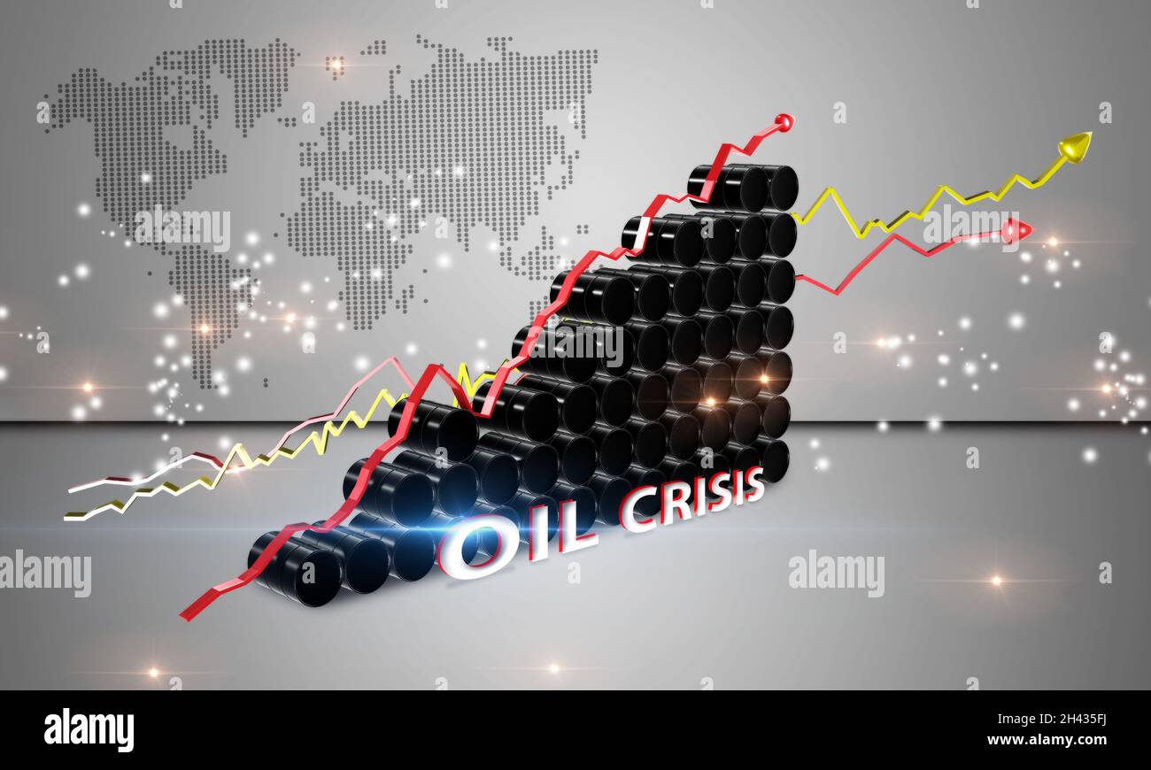Gruppo di barili di petrolio con grafici del mercato azionario come concetto di materia prima. Concetto di crisi finanziaria mondiale. Calo del prezzo del petrolio, declin di mercato Foto Stock