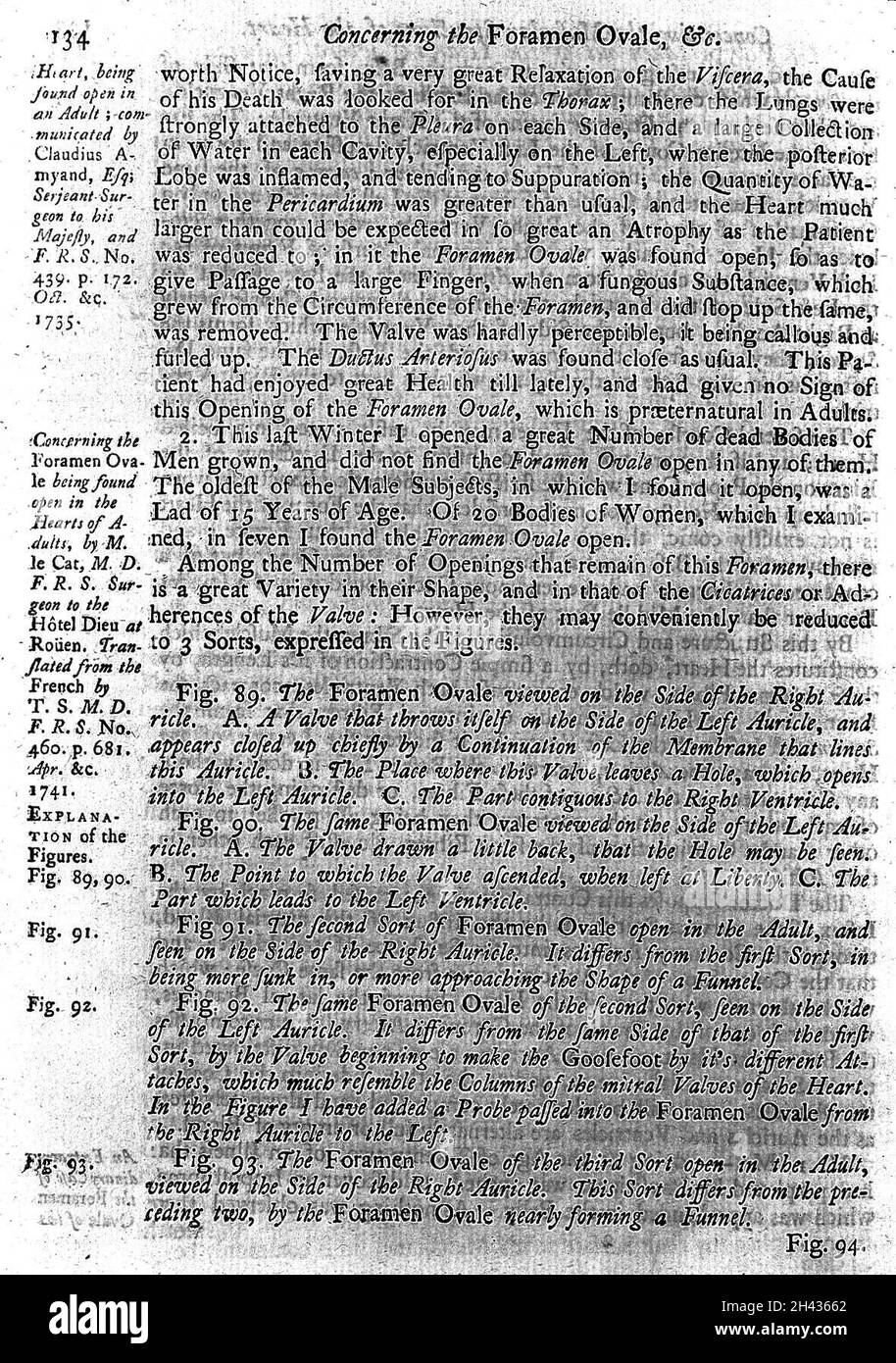C. N. le Cat, 'riguardante il foramen ovale', da transazioni filosofiche, 1747 Foto Stock