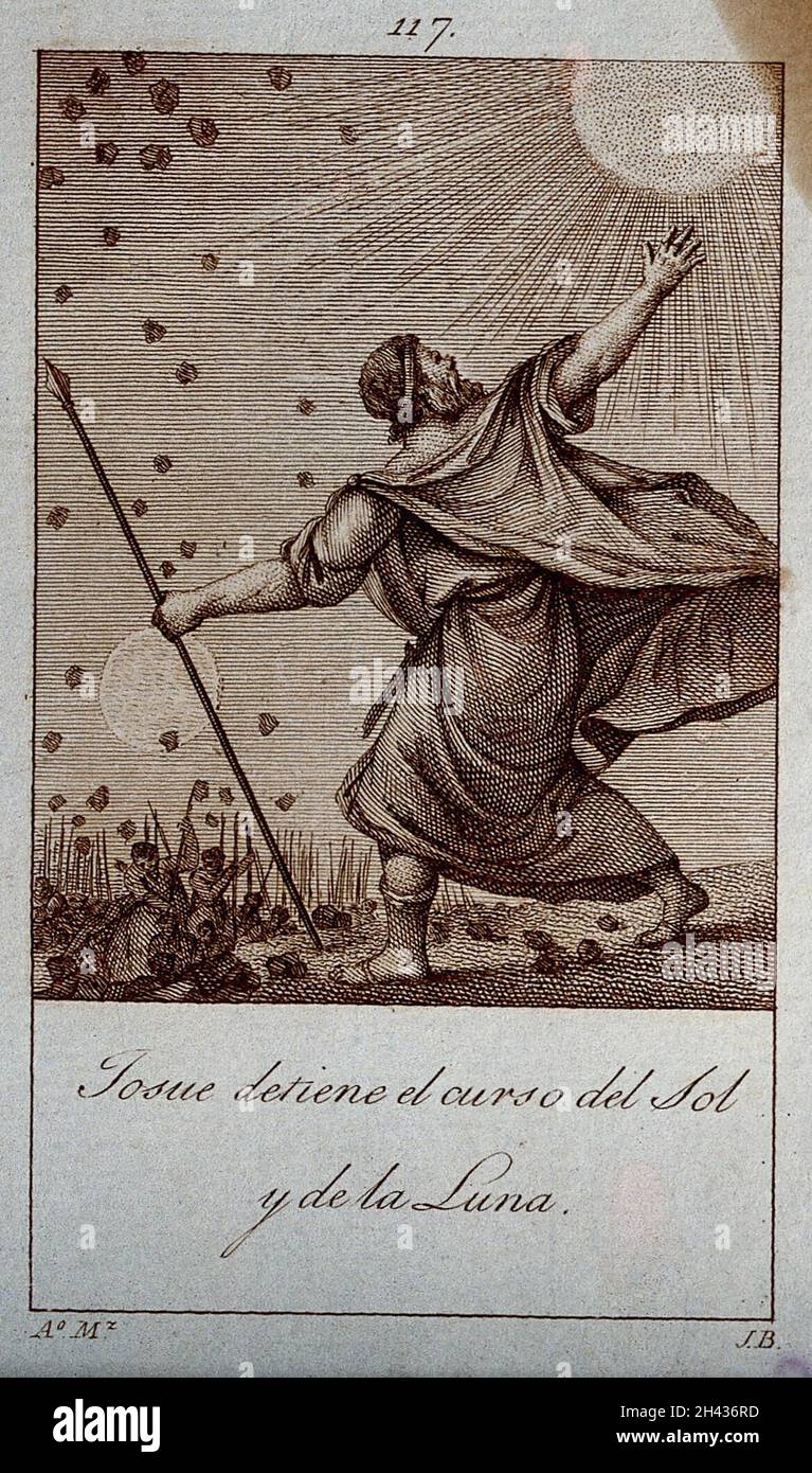 Giosuè comanda il sole e la luna di stare fermi. Incisione di J. Brunetti dopo A. Martinez. Foto Stock