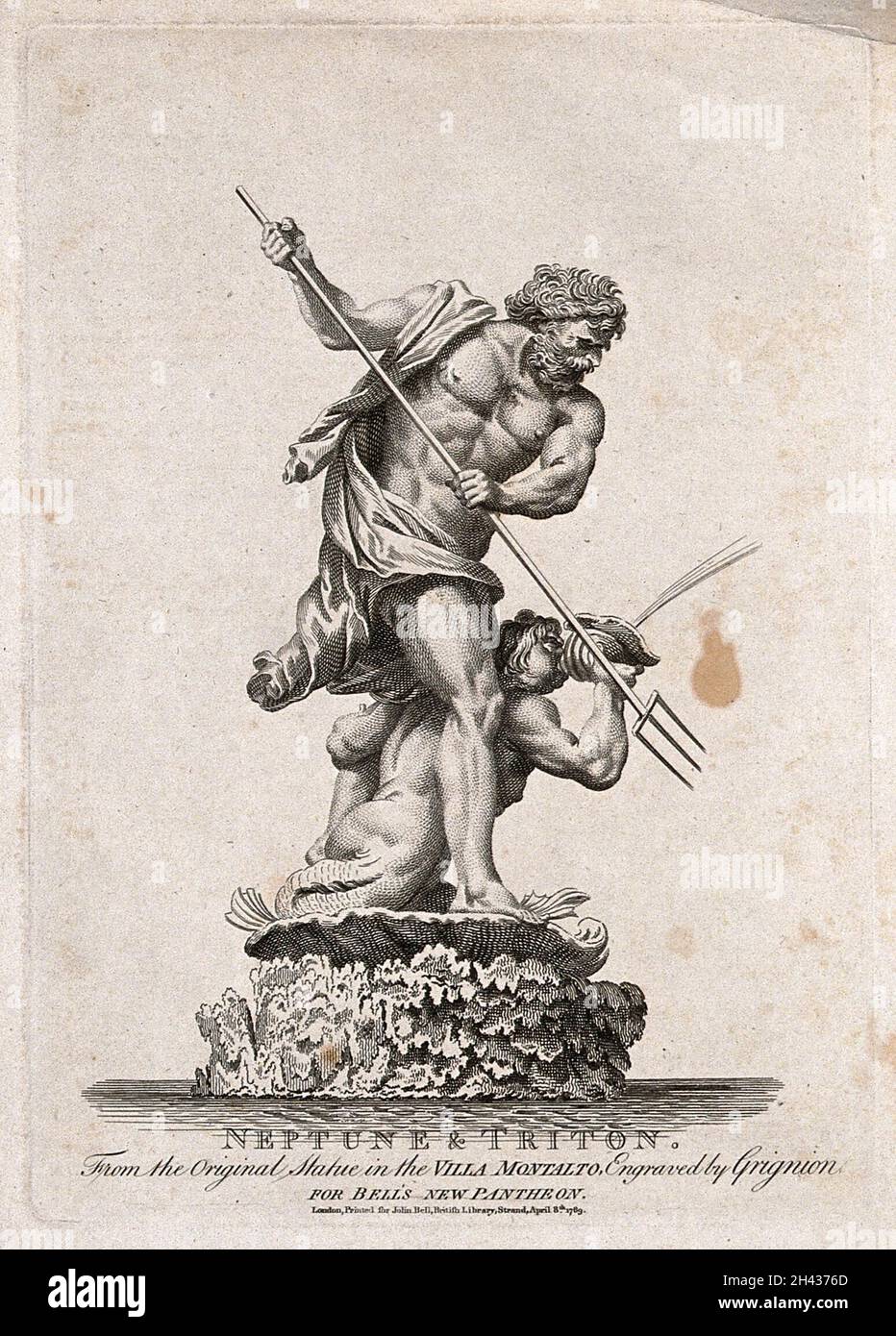 Nettuno e un Tritone. Incisione di C. Grignion, 1789. Foto Stock