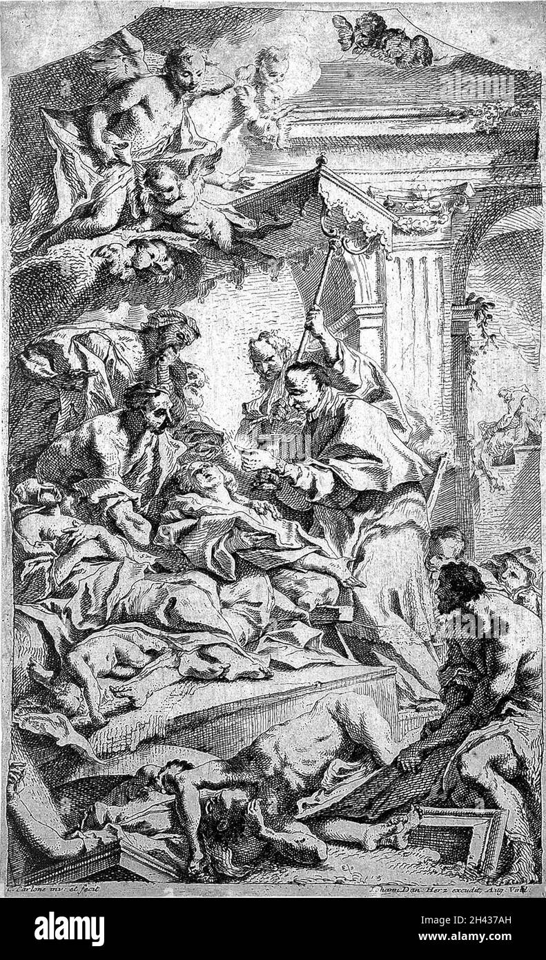 San Carlo Borromeo che amministra la comunione alle vittime della peste. Acquaforte di C. Carlone. Foto Stock