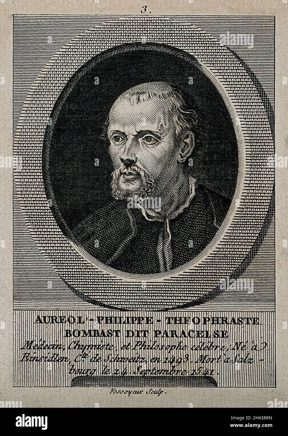 Hohenheim [Paracelsus]. Incisione di linea di J. B. Fosseyeux. Foto Stock