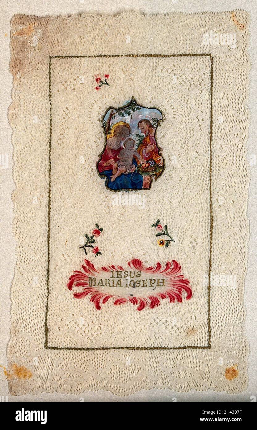 Santa Maria (Vergine) e San Giuseppe con il Cristo Bambino. Pittura gouache. Foto Stock