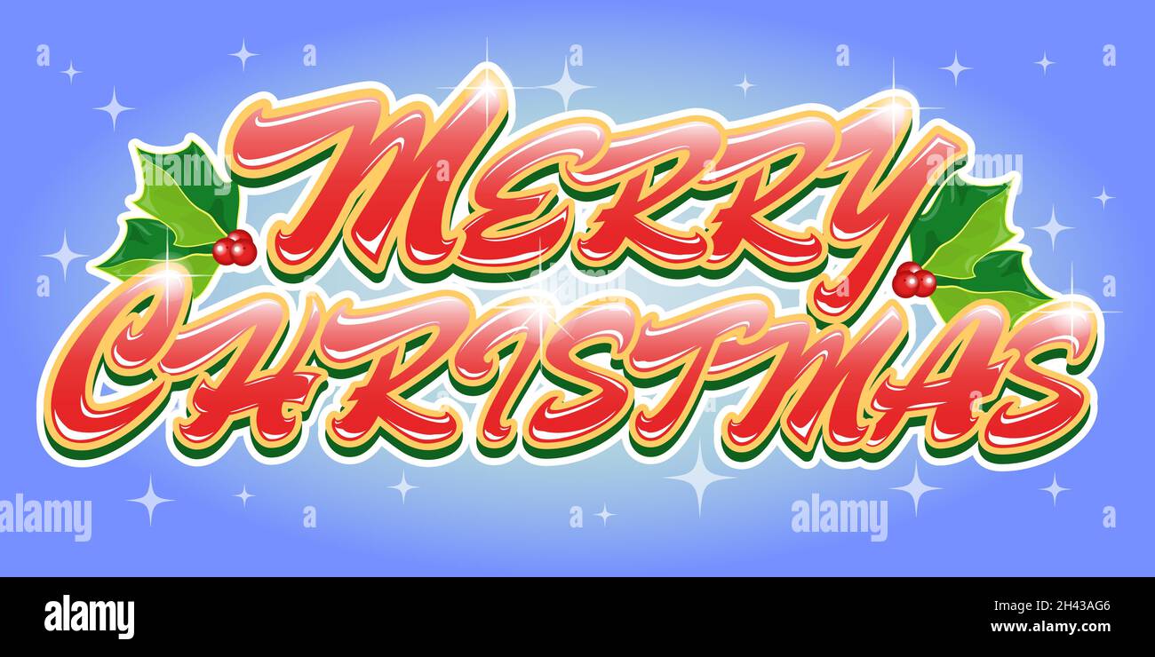 Allegro scritta di Natale con foglie di agrifoglio su sfondo blu. Illustrazione Vettoriale