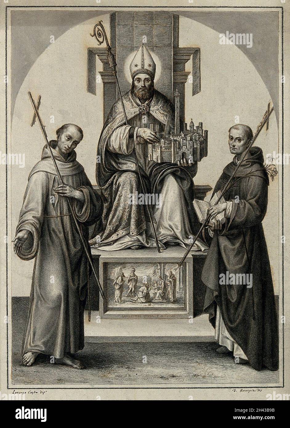 Petronio, vescovo di Bologna, con San Francesco d'Assisi e San Domenico. Disegno di F. Rosaspina, c.. 1830, dopo L. Costa, 1502. Foto Stock