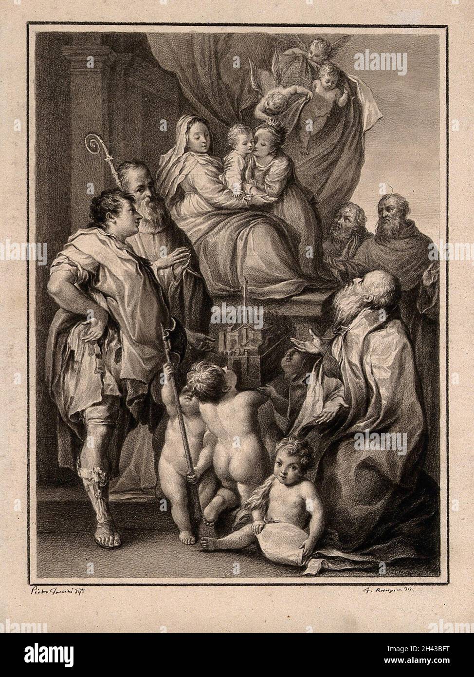 Santa Caterina d'Alessandria abbraccia il bambino di Cristo che siede sul grembo della Vergine Maria; con San Domenico, San Francesco d'Assisi, San Benedetto (?), San Pietro Martire e San Petronio. Disegno di F. Rosaspina, c.. 1830, dopo P. Faccini. Foto Stock