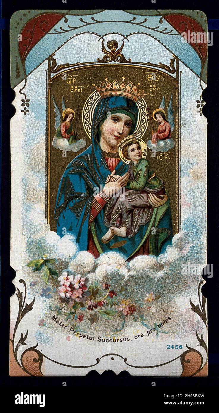 La Vergine di Succor con Cristo Bambino e gli Arcangeli Michele e Gabriele, venerati nel santuario di Borgo San Pietro a Bologna. Litografia a colori. Foto Stock