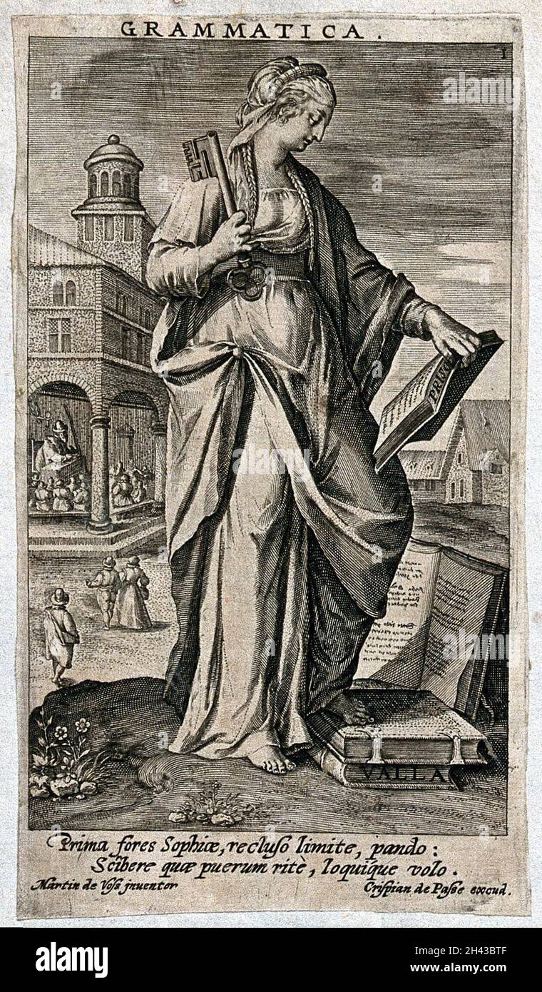 Una donna con una chiave e quattro libri in piedi di fronte ad una torre con una loggia aperta in cui un uomo sta insegnando ai bambini; che rappresenta Grammar. Incisione dopo Martin de Vos. Foto Stock