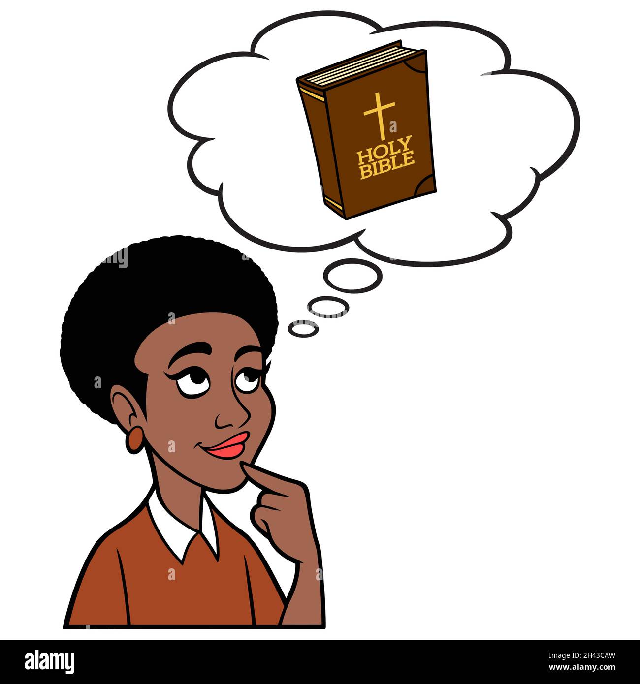 Donna che pensa a un versetto della Bibbia - un'illustrazione di un fumetto di una donna che pensa a un versetto della Bibbia. Illustrazione Vettoriale