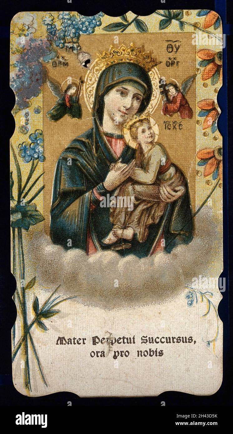 La Vergine di Succor con Bambino e gli Arcangeli Michele e Gabriele, venerati nel santuario di Borgo San Pietro a Bologna. Litografia a colori. Foto Stock