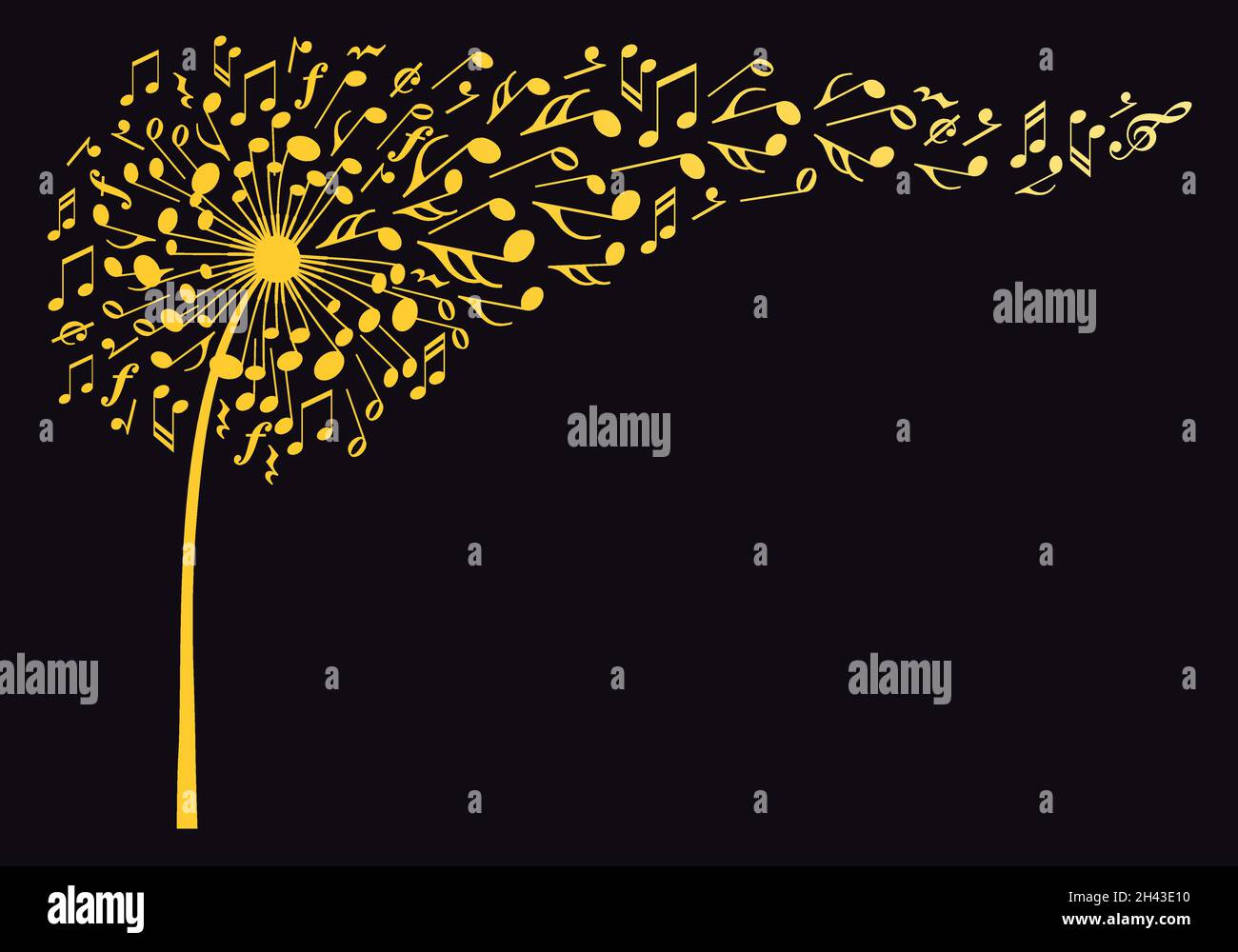 Fiore di dente d'oro con note musicali volanti, illustrazione vettoriale su sfondo nero Illustrazione Vettoriale