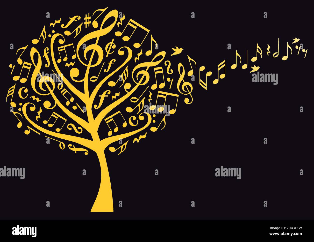 Albero di musica d'oro con note musicali volanti, illustrazione vettoriale su sfondo nero Illustrazione Vettoriale
