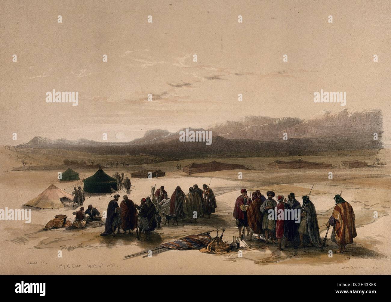 Accampamento nel deserto, con il Monte Seir in lontananza, Wady Araba. Litografia colorata di Louis Haghe dopo David Roberts, 1849. Foto Stock