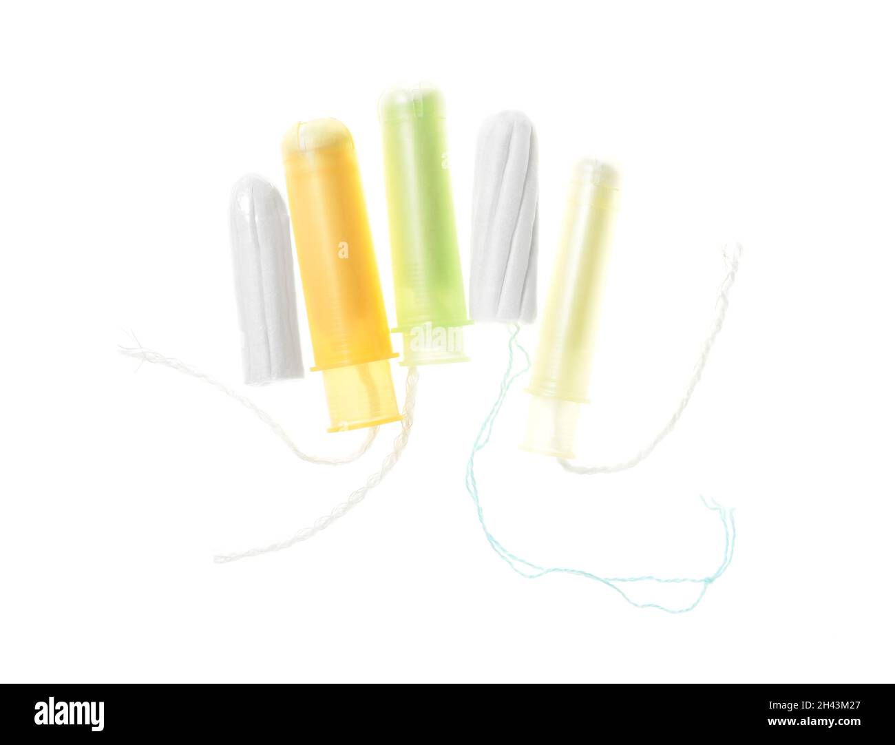 Diversi tamponi mestruali su sfondo bianco Foto Stock