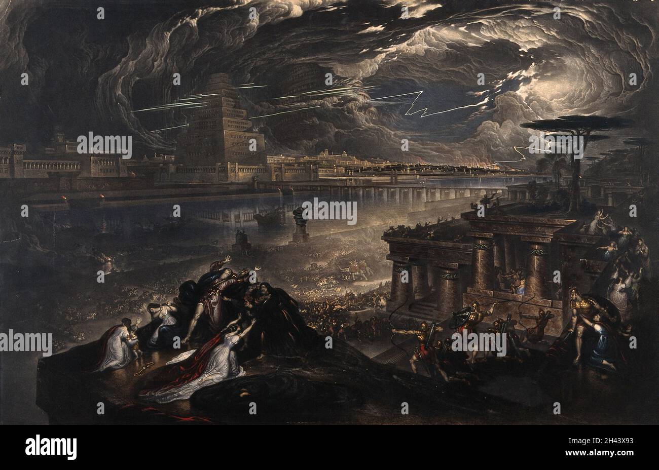 La caduta di Babilonia; Ciro il Grande sconfigge l'esercito caldeo. Mezzotint di J. Martin, 1831, dopo se stesso, 1819. Foto Stock