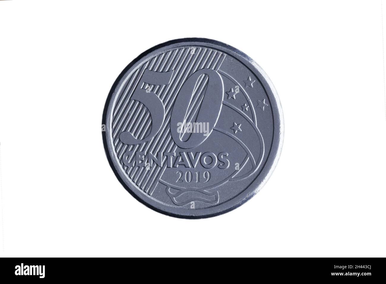 Brasiliano '50 centavos de Real' 2019 monete reverse su sfondo bianco - ingrandimento elevato Foto Stock