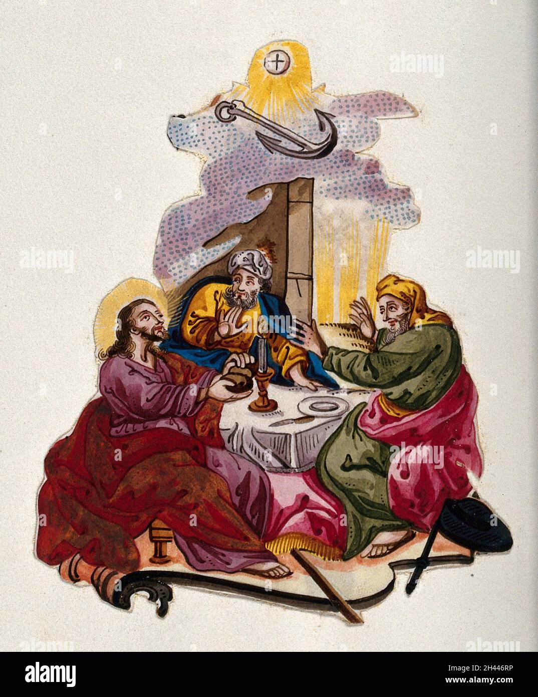 Il Cristo risorto spezza il pane con due discepoli ad Emmaus ed è riconosciuto da loro. Pittura ad acquerello. Foto Stock