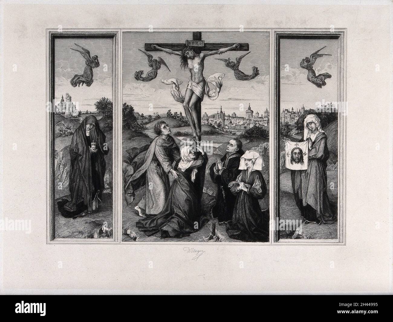 La crocifissione di Cristo; le tre Maries lamentano. Incisione di W. Unger dopo R. van der Weyden. Foto Stock